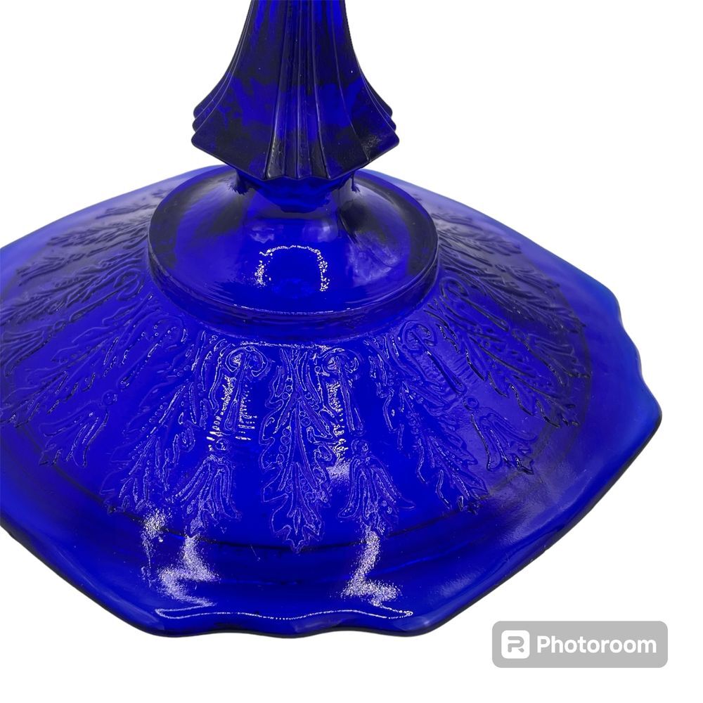 Vintage Cobalt Blue Princess Pattern Depression Glass Candy Dish LID READ